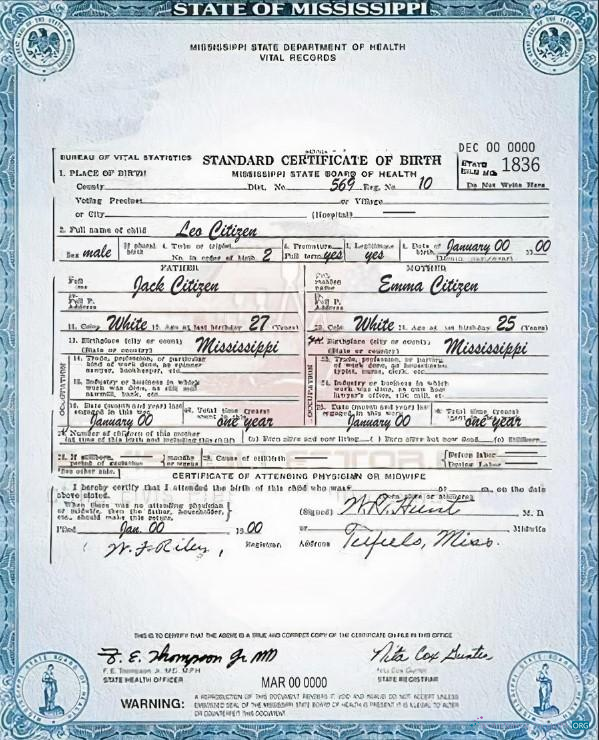 Download USA Mississippi state birth certificate template in PSD format Photoshop template